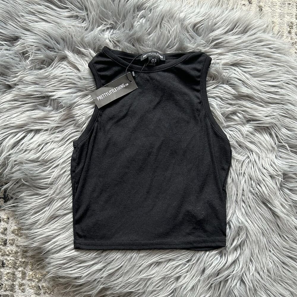 Pretty Little Thing Womens Black Burnout Mesh Racer Crop Top Size 6US - Picture 2 of 3